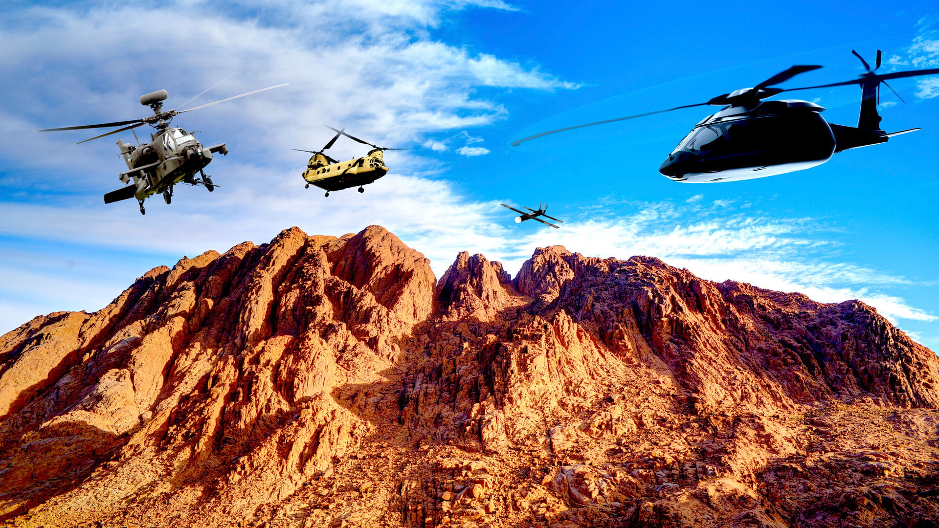 Photo of multiple aircraft in flight above mountainous terrain