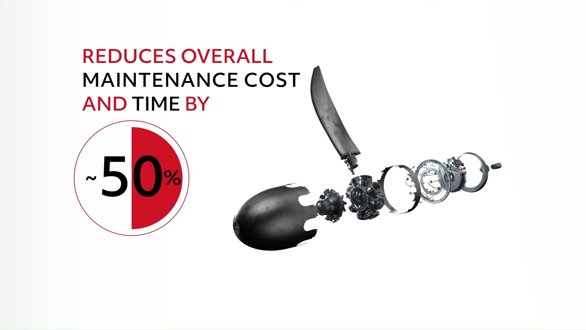 NP2000 propeller exploded diagram with the text 'Reduces overall maintenance cost and time by ~50%'