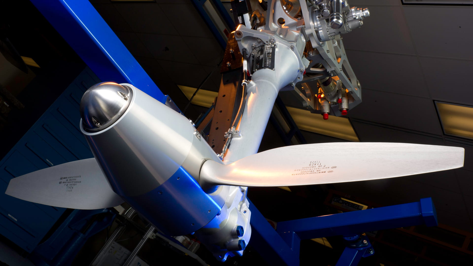 Photo of underside of propeller with two blades