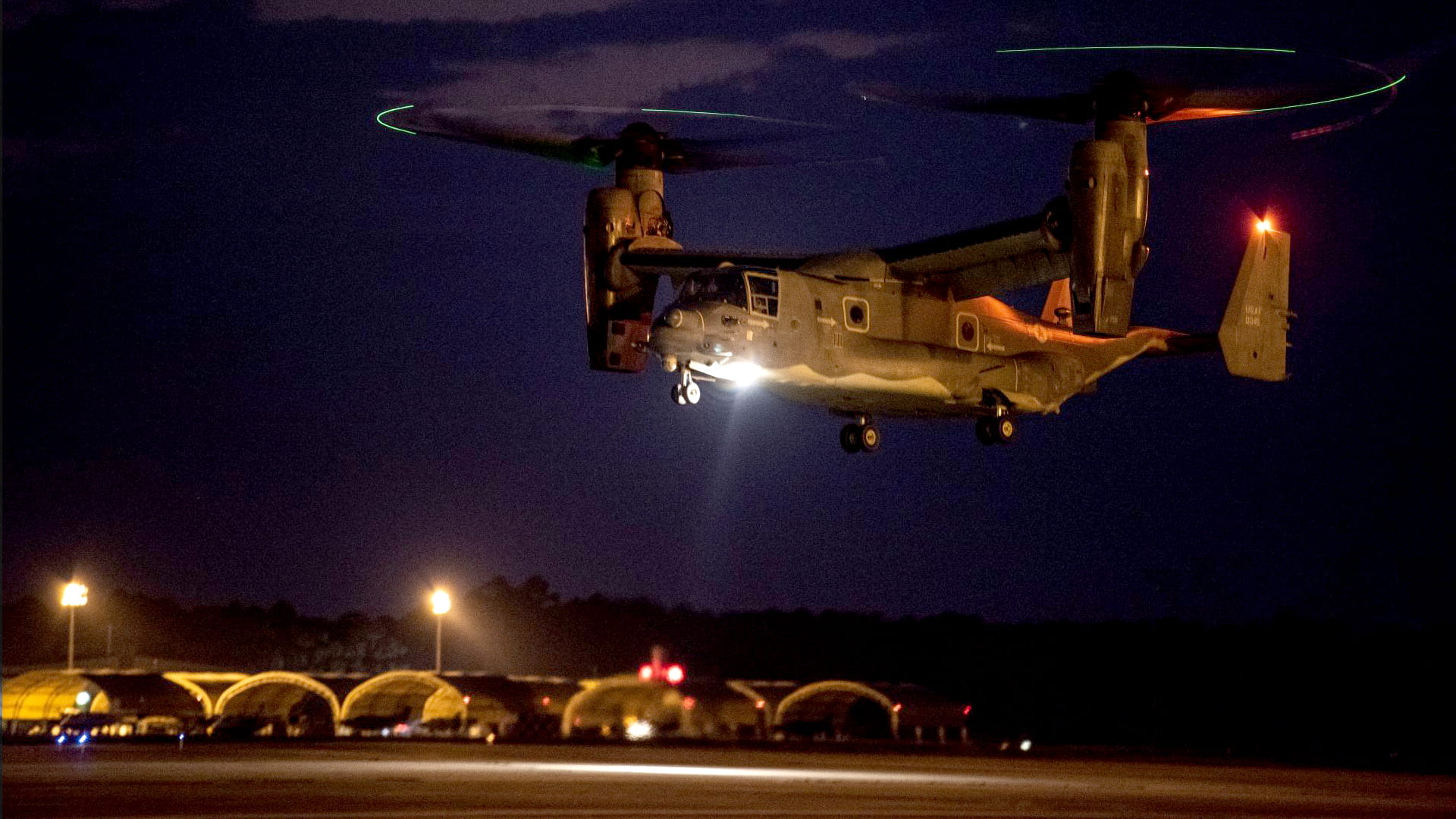 A V-22 landing at night