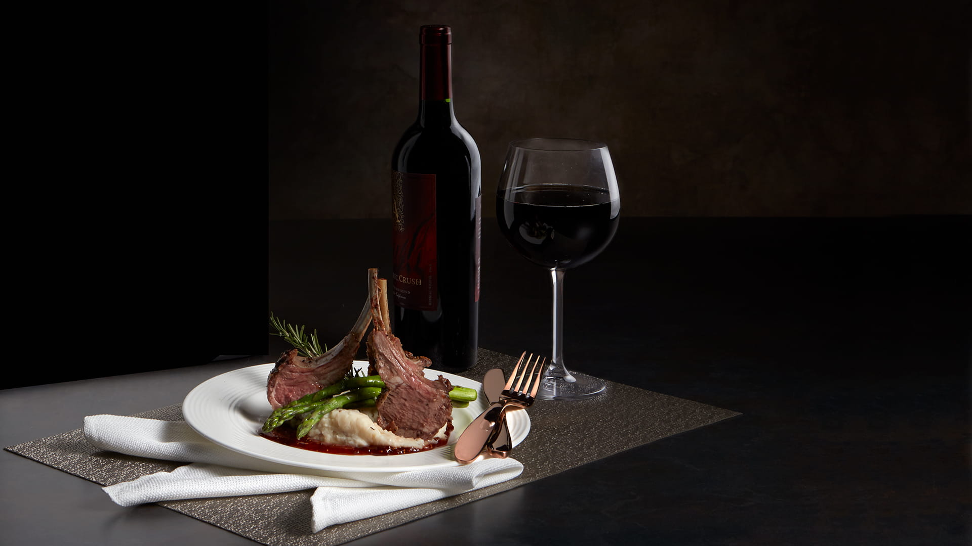 roast dinner with a glass of red wine