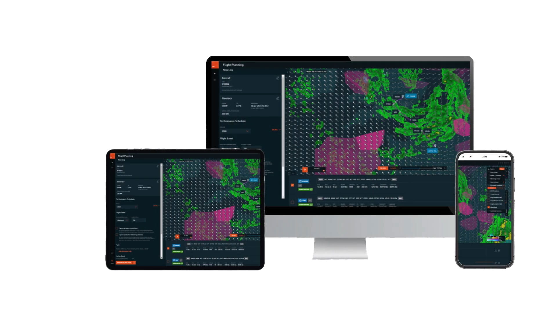A map displayed on three different devices (a tablet, a large monitor, and a phone)