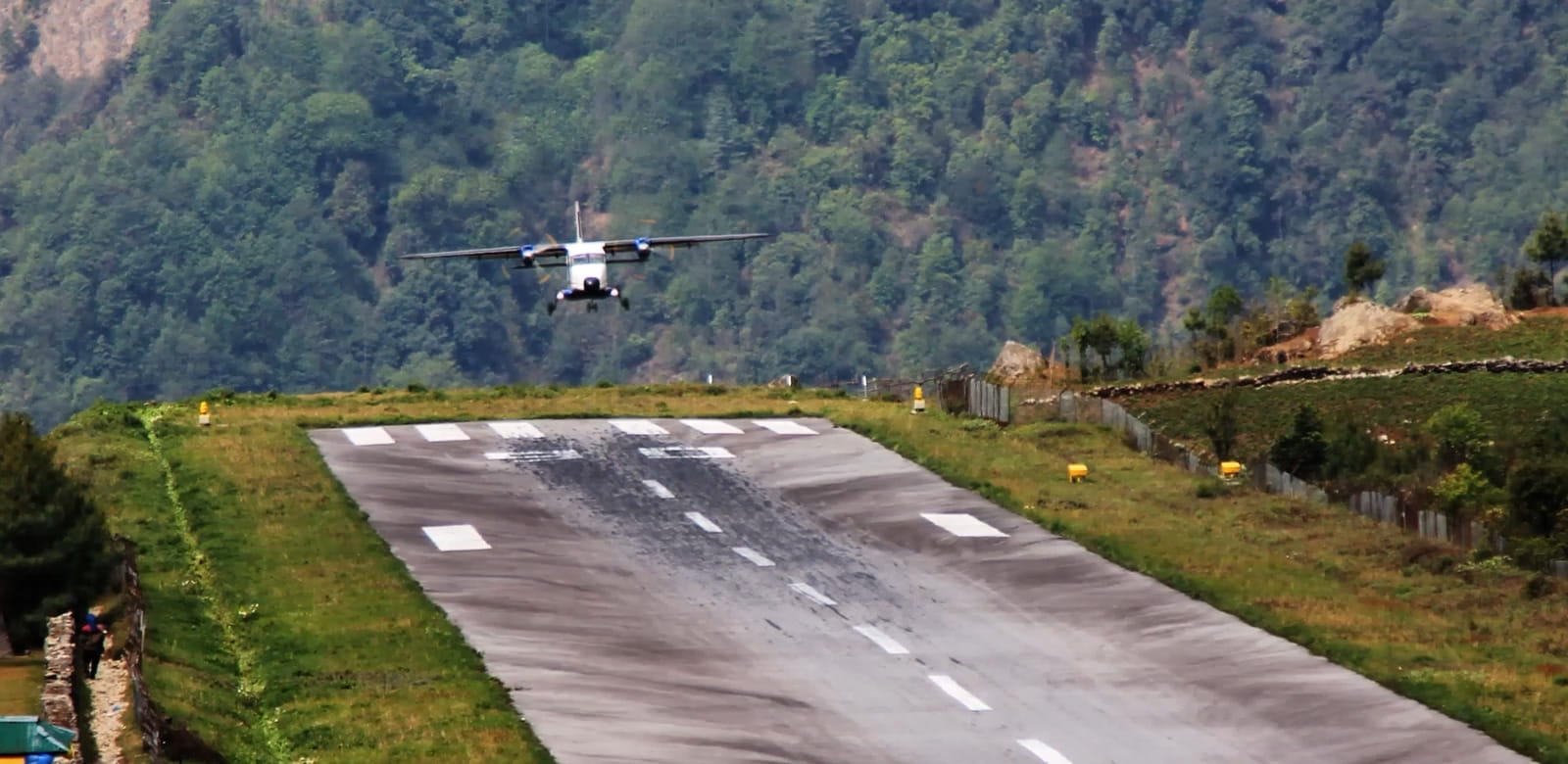 An aircraft approaching a runway for landing