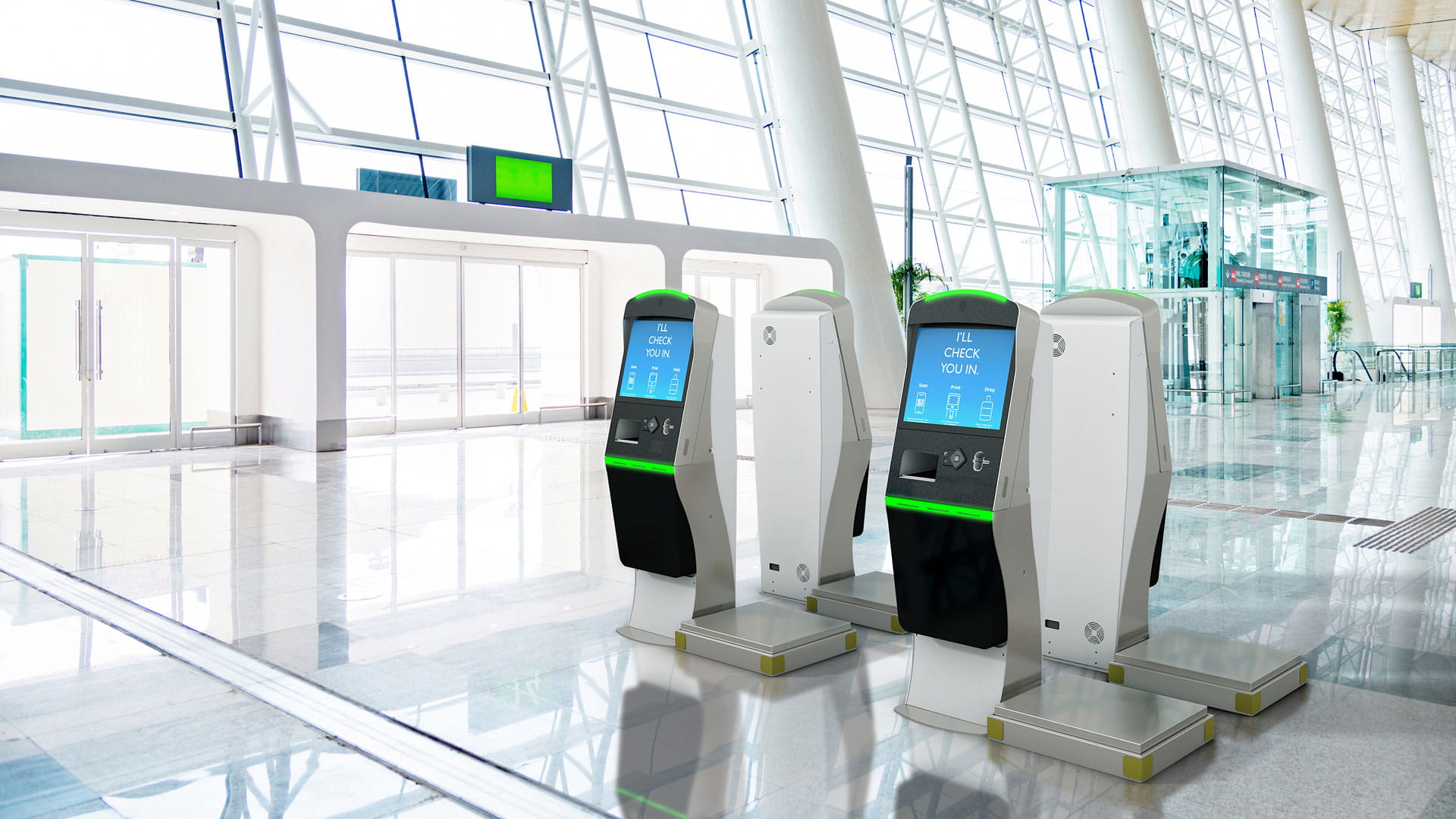 Computer rendering of a self-service kiosk