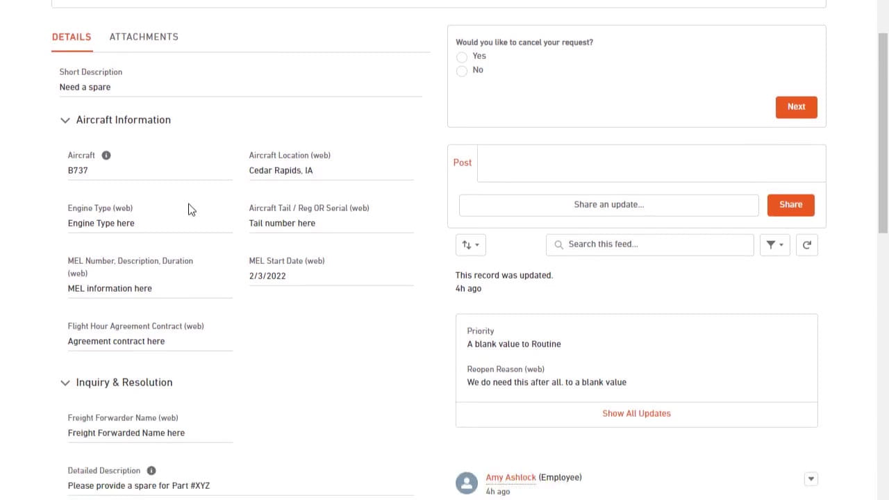 Customer portal screen showing fields involved in requesting a spare