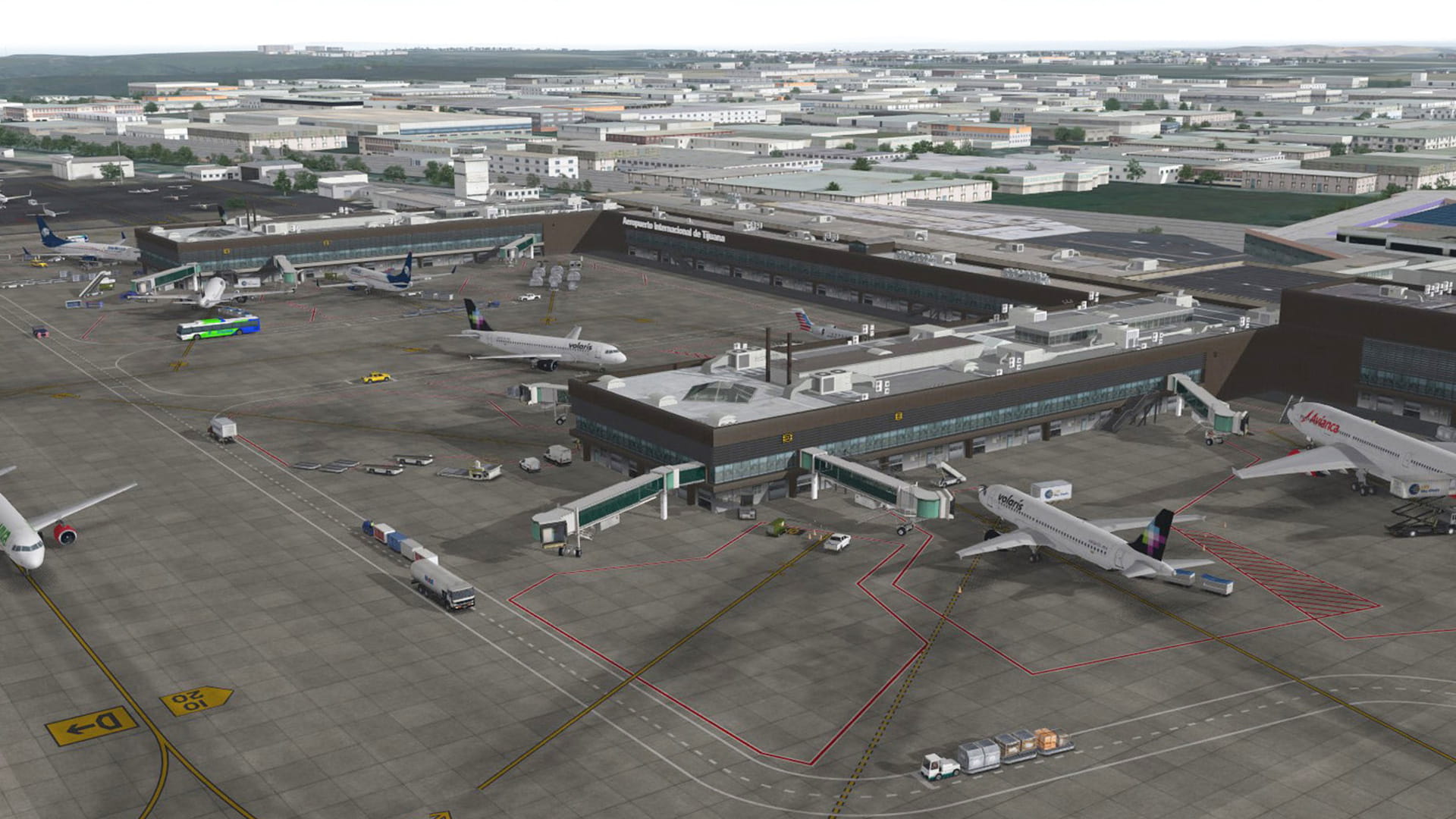 Computer rendering of airplanes parked at an airport terminal.