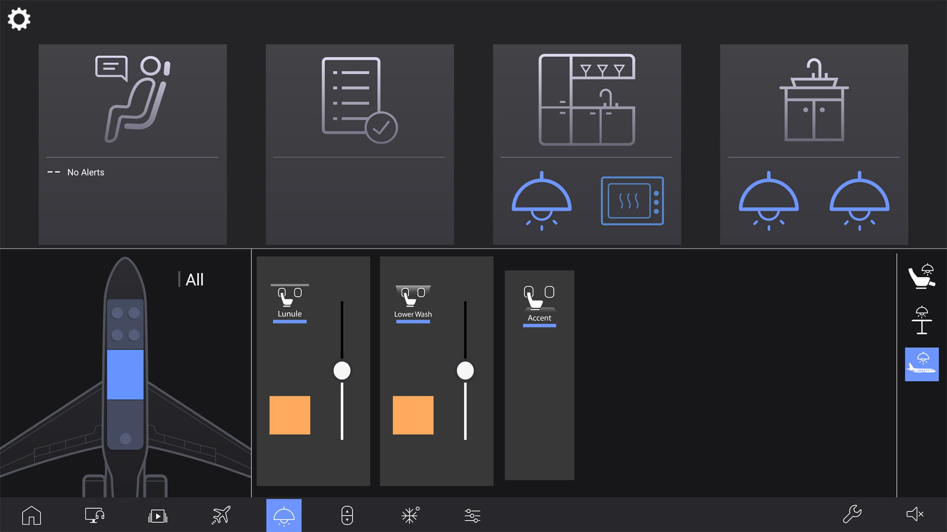 Venue GUI showing aircraft zone selection and passenger lighting controls