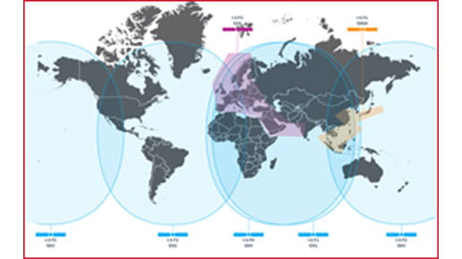 World map with ovals overlaid, showing Viasat coverage