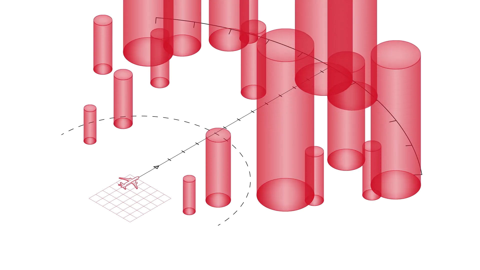 Illustration of an aircraft among cylinders, illustrating the concept of an ideal radar beam