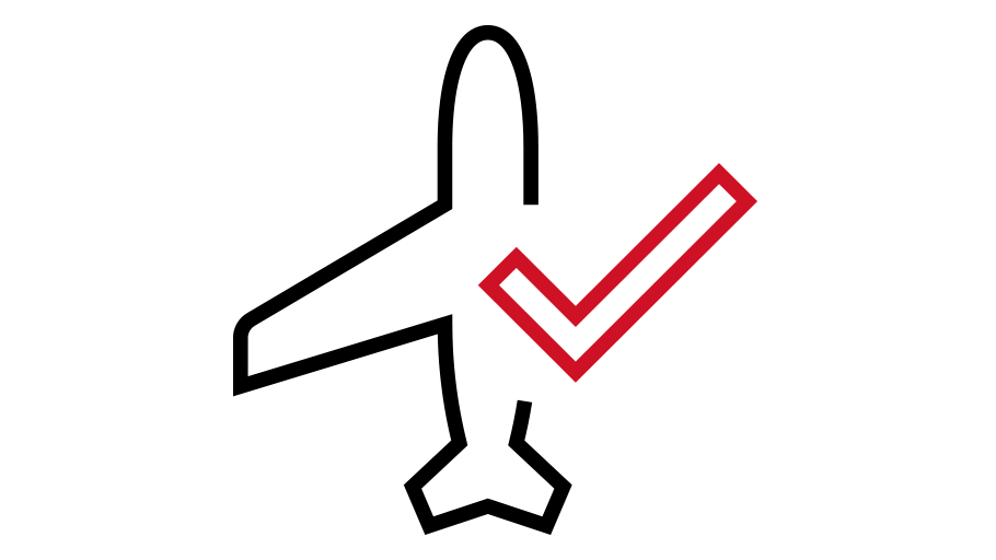 An icon of a checkmark over an airplane.