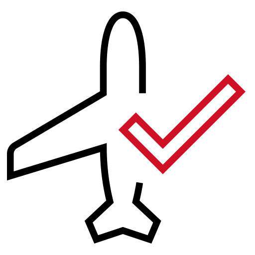 An icon of a checkmark over an airplane.