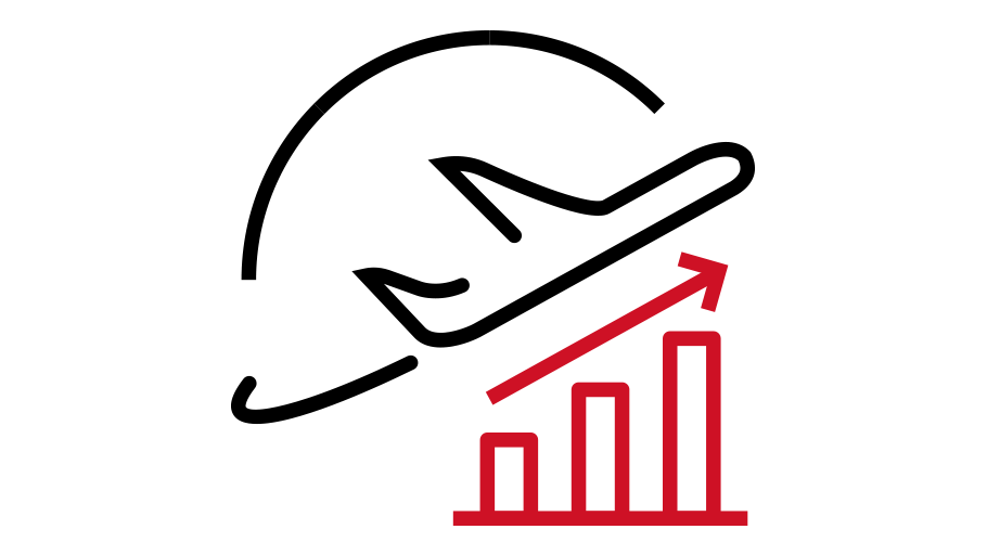 Icon of an airplane flying over a bar chart. The bars ascend from left to right. The icon represents efficiency.