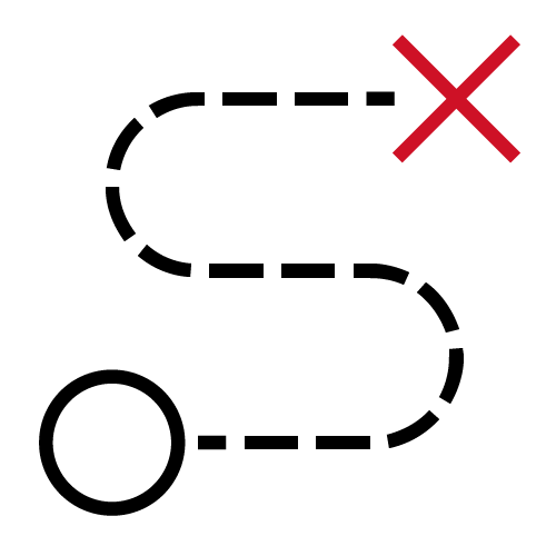An icon with a circle and an X connected by a dashed line in the shape of an S.