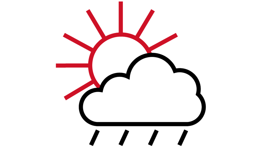 Iconic representation of the sun and clouds. Lines protrude from the cloud, suggesting rain.