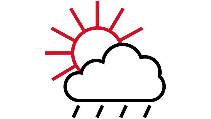 Iconic representation of the sun and clouds. Lines protrude from the cloud, suggesting rain.