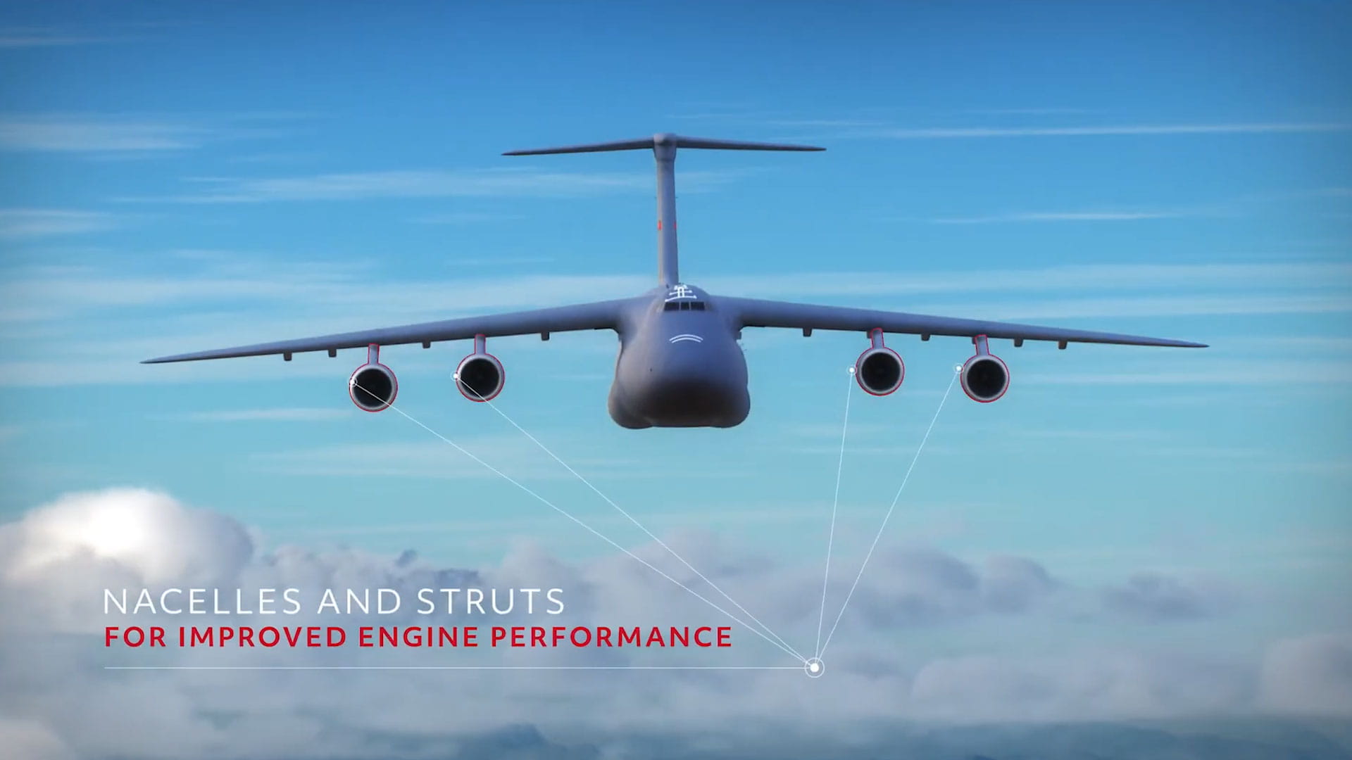 Military transport vehicle in flight. The image also features the words 'Nacelles and Struts for improved performance.'