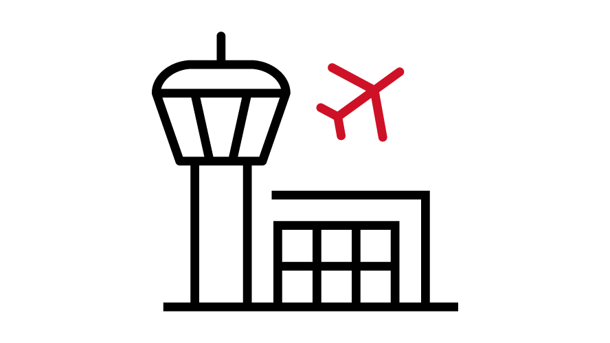 airport with tower and plane graphic icon