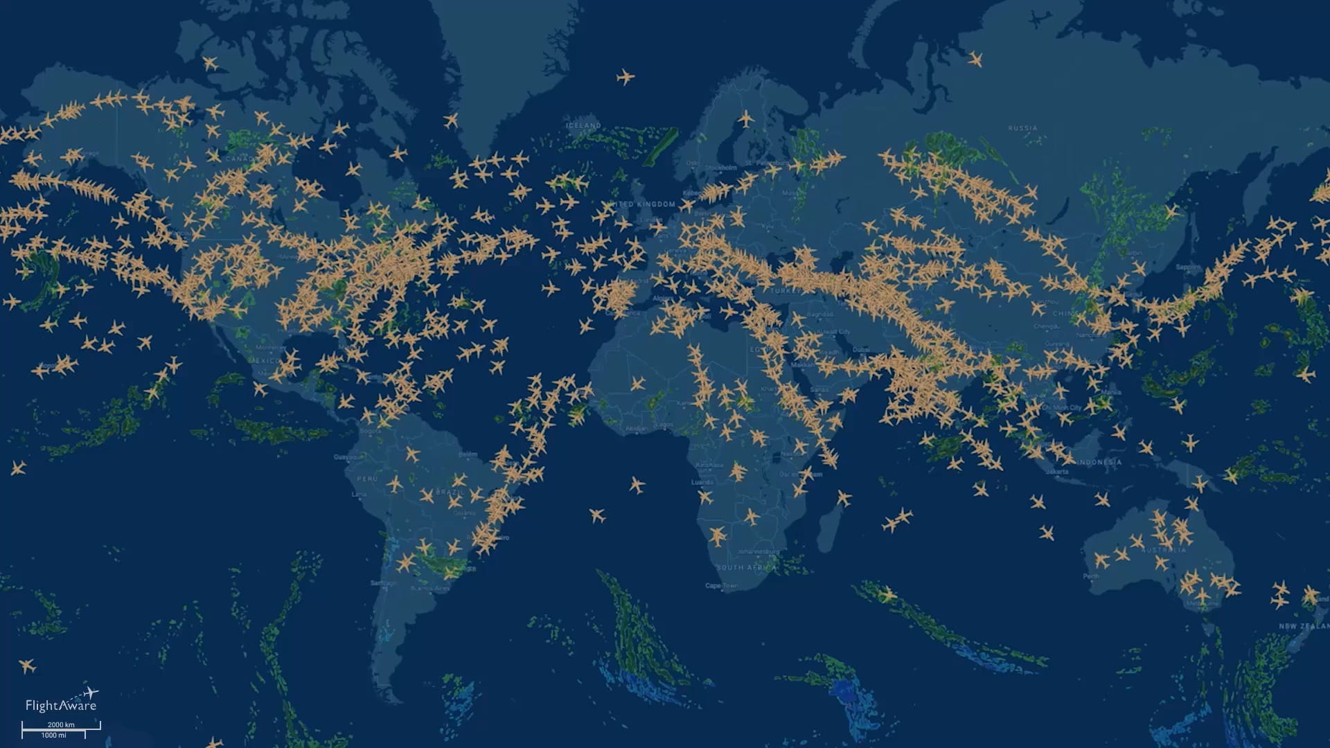 FlightAware map overview with aircraft traffic icons