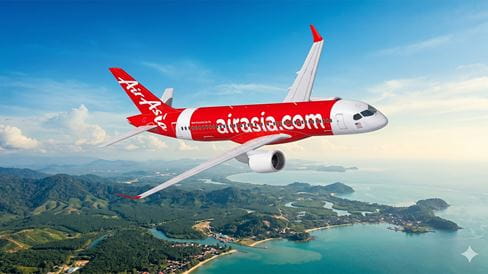 Rendering of an Airbus A220 with AirAsia branding. The plane is flying over a hilly region next to a body of water.