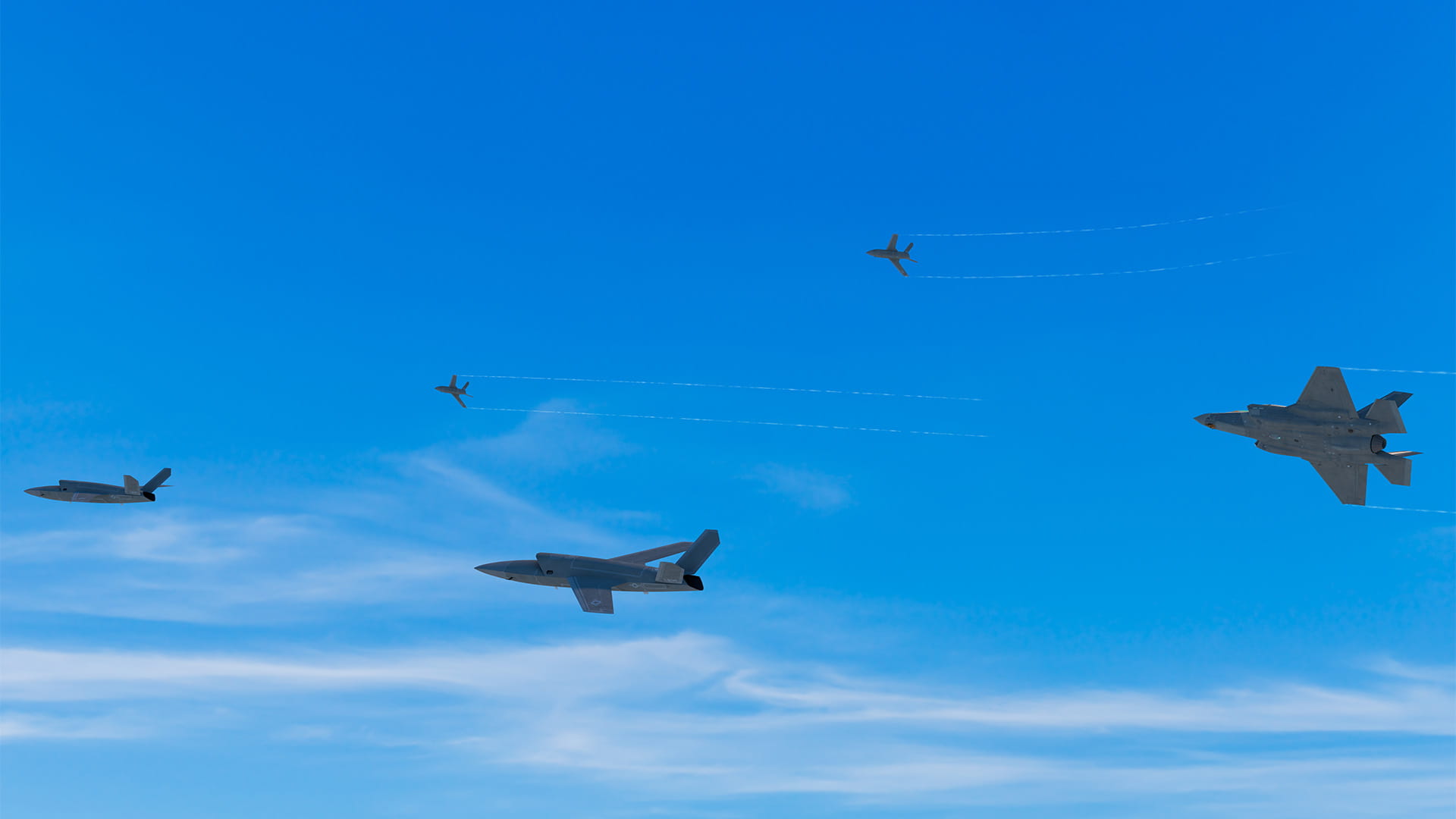 Rendering of several military aircraft in flight.