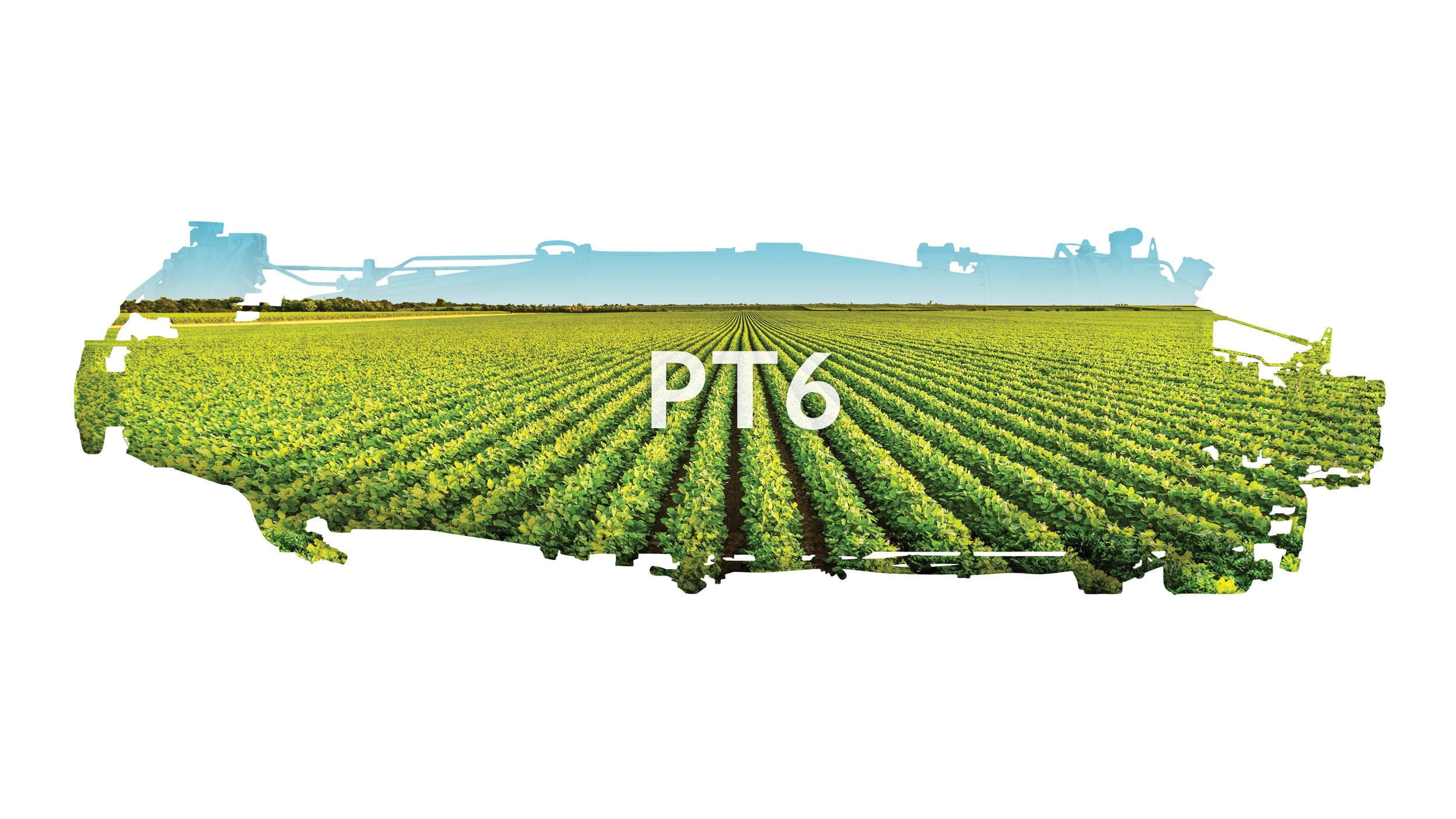 The silhouette of a Pratt & Whitney PT6A engine is filled with an image of a cornfield. The text PT6 is superimposed on the image.