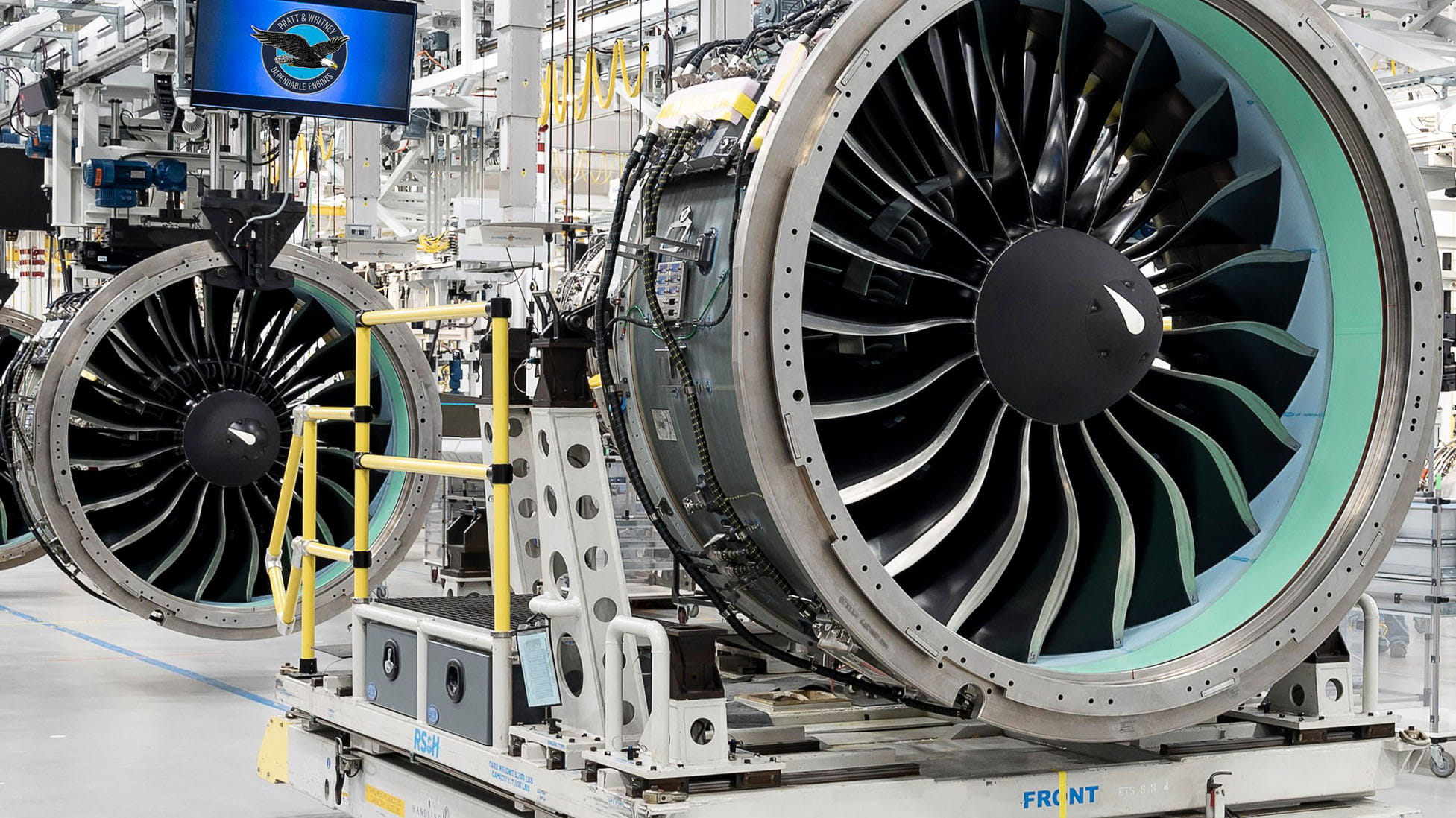 Two GTF engines in the P&W Middletown facility assembly line