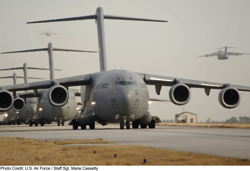 Twenty C-17 Globemaster III aircraft, while at Charleston Air Force Base, S.C., taxi prior to take-off. 