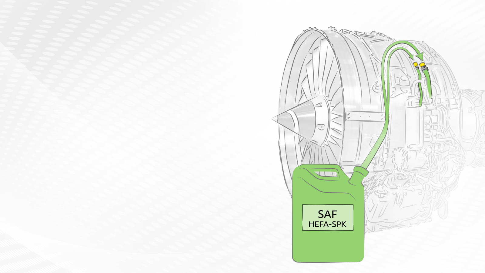 Illustration of an aircraft engine being filled with sustainable aviation fuel