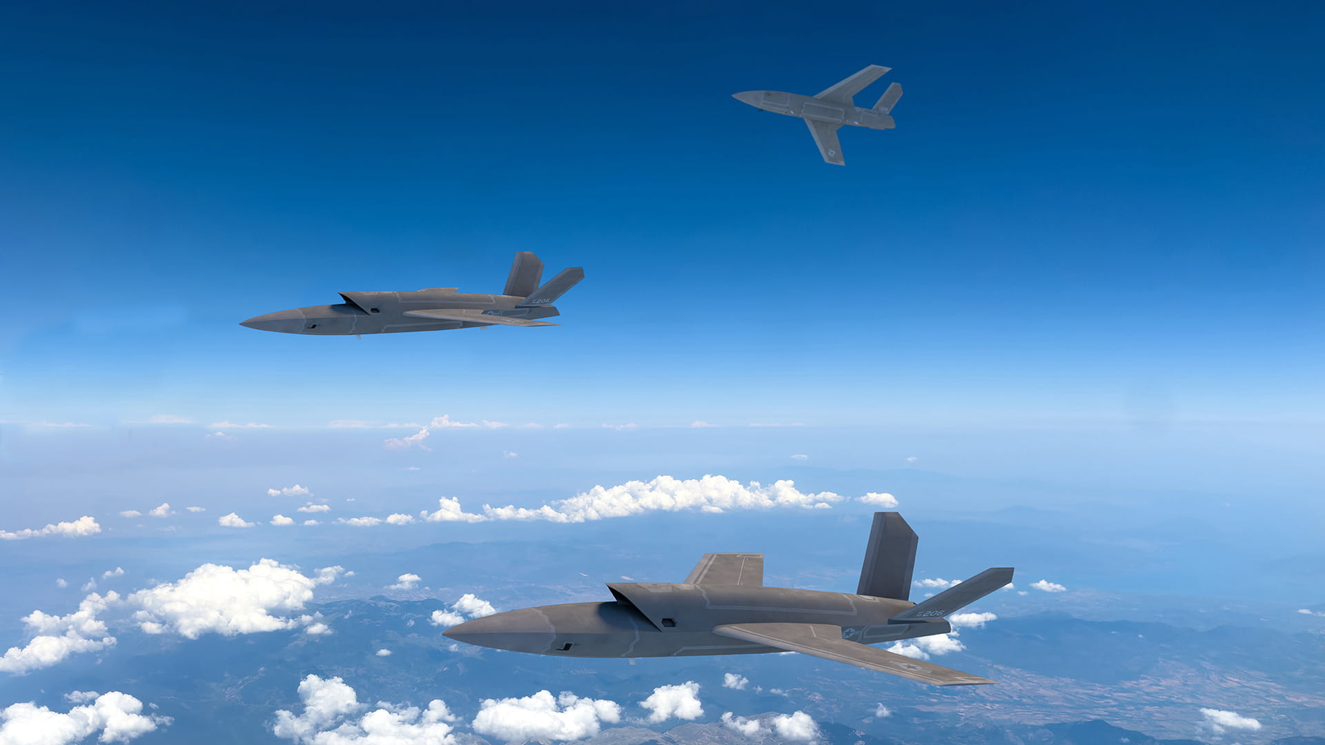 Rendering of three drones in flight