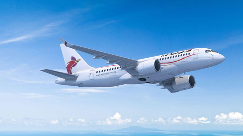 An Airbus A220 operated by Air Niugini