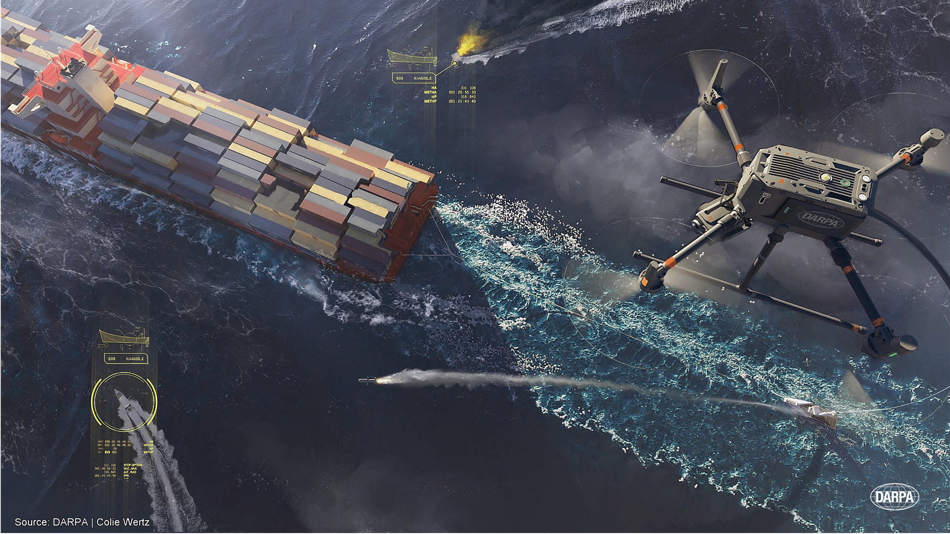 Computer-generated image depicting several sea vessels and drones