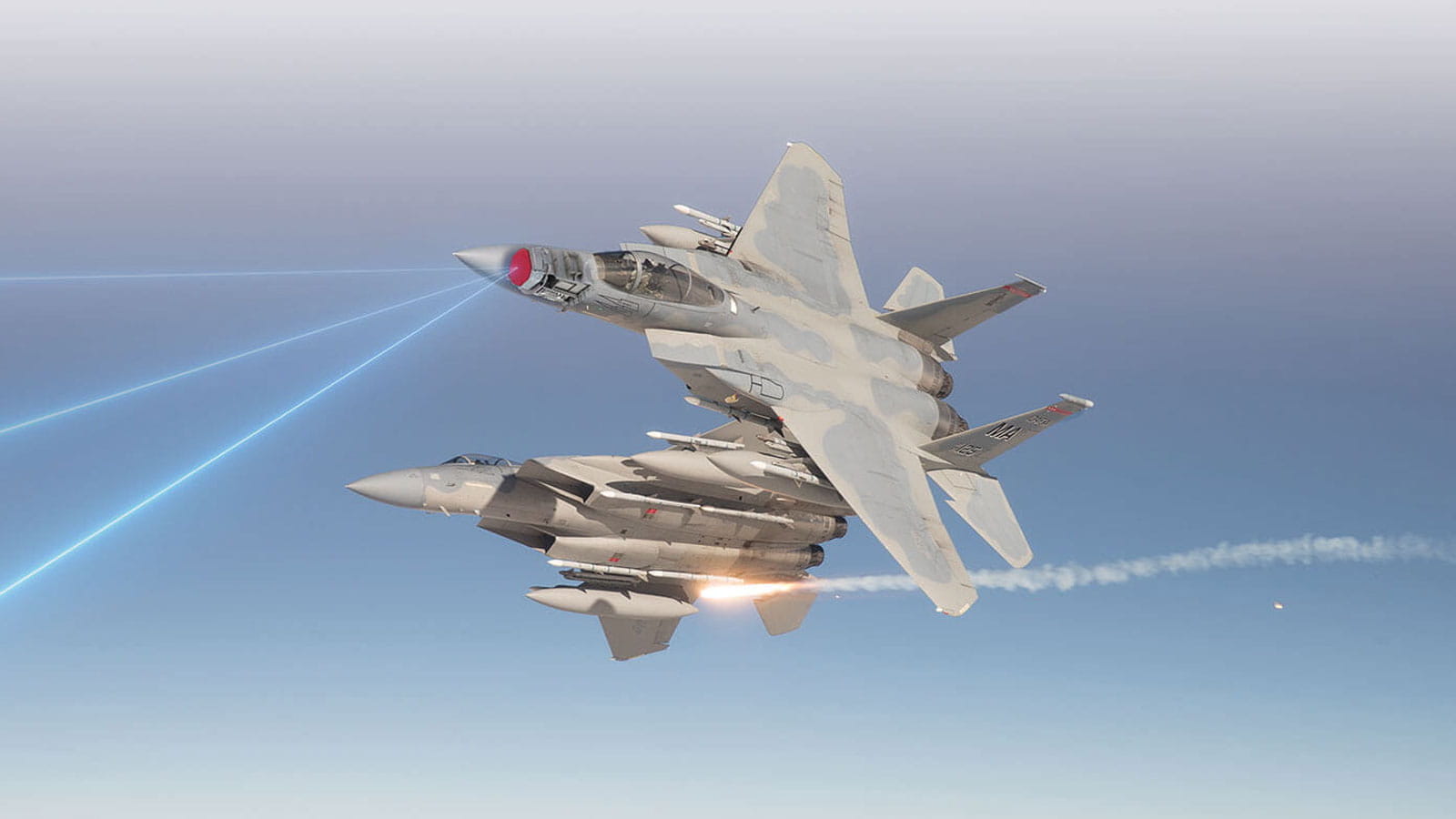 An artistic rendition of jets with radars, showing lasers to represent tracking.
