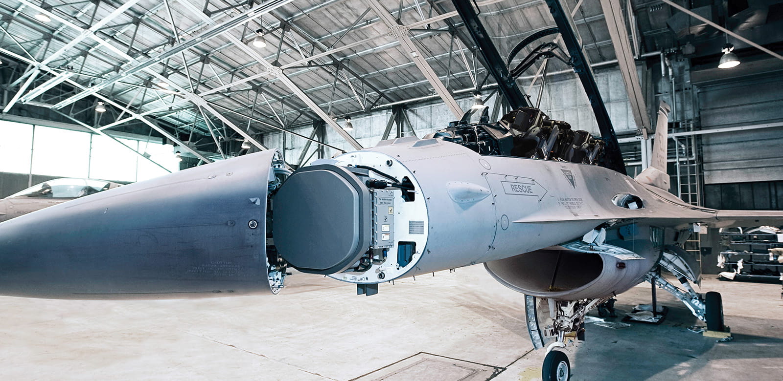 Raytheon Technologies' Advanced Combat Radar in the nose of an F-16 Fighting Falcon