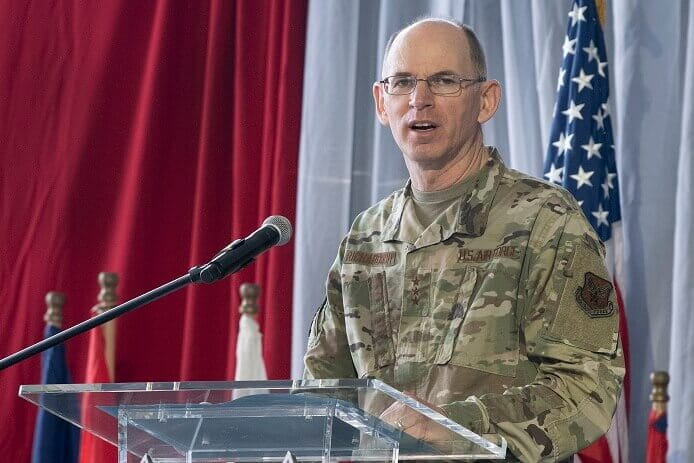 Lt. Gen. Duke Richardson presented the F-15EX in the ceremony. (Photo: U.S. Air Force)