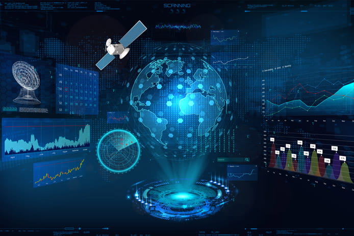 Composite image of satellites and signals intelligence