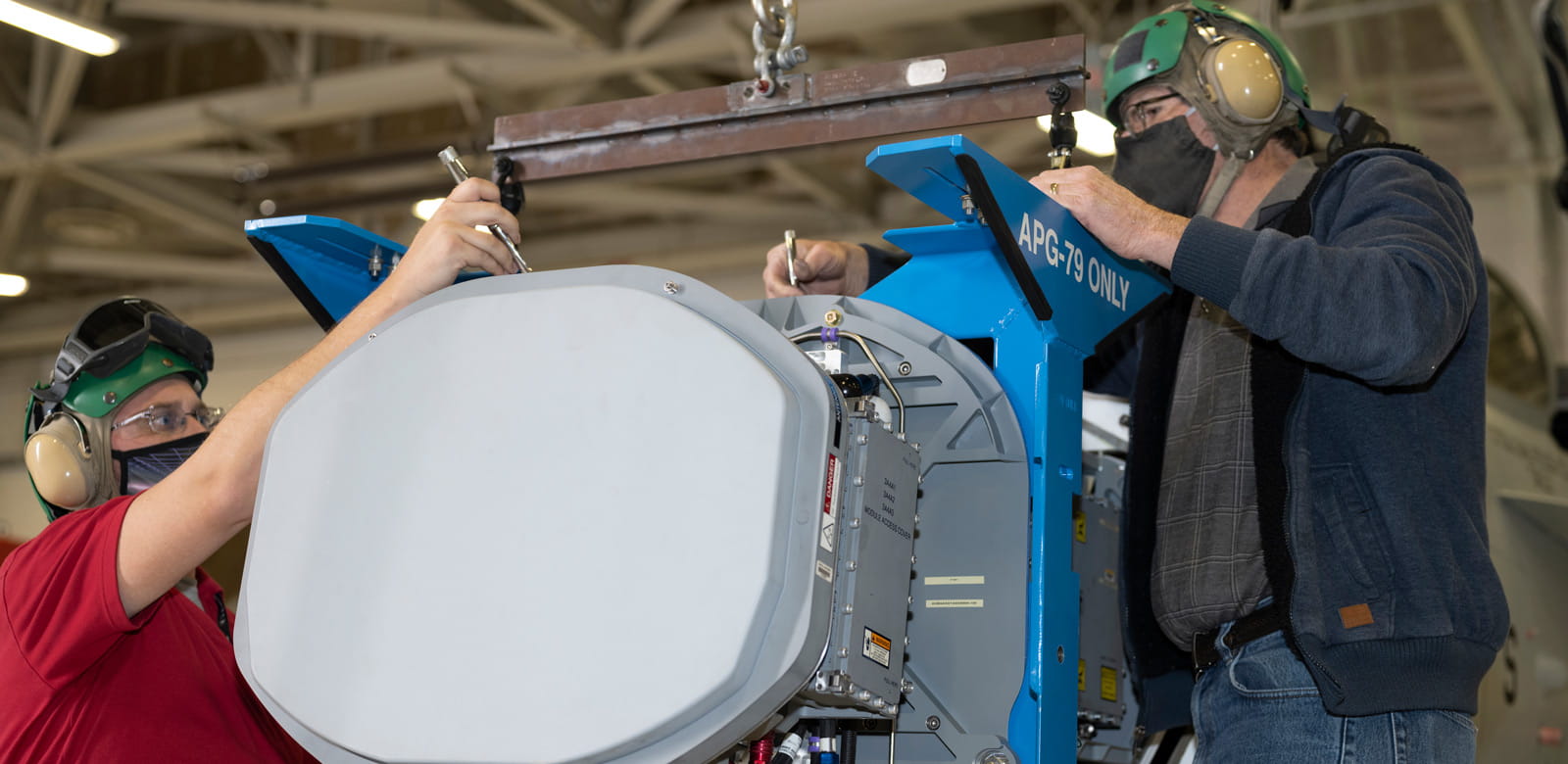 GaN AESA radar on crane before installation