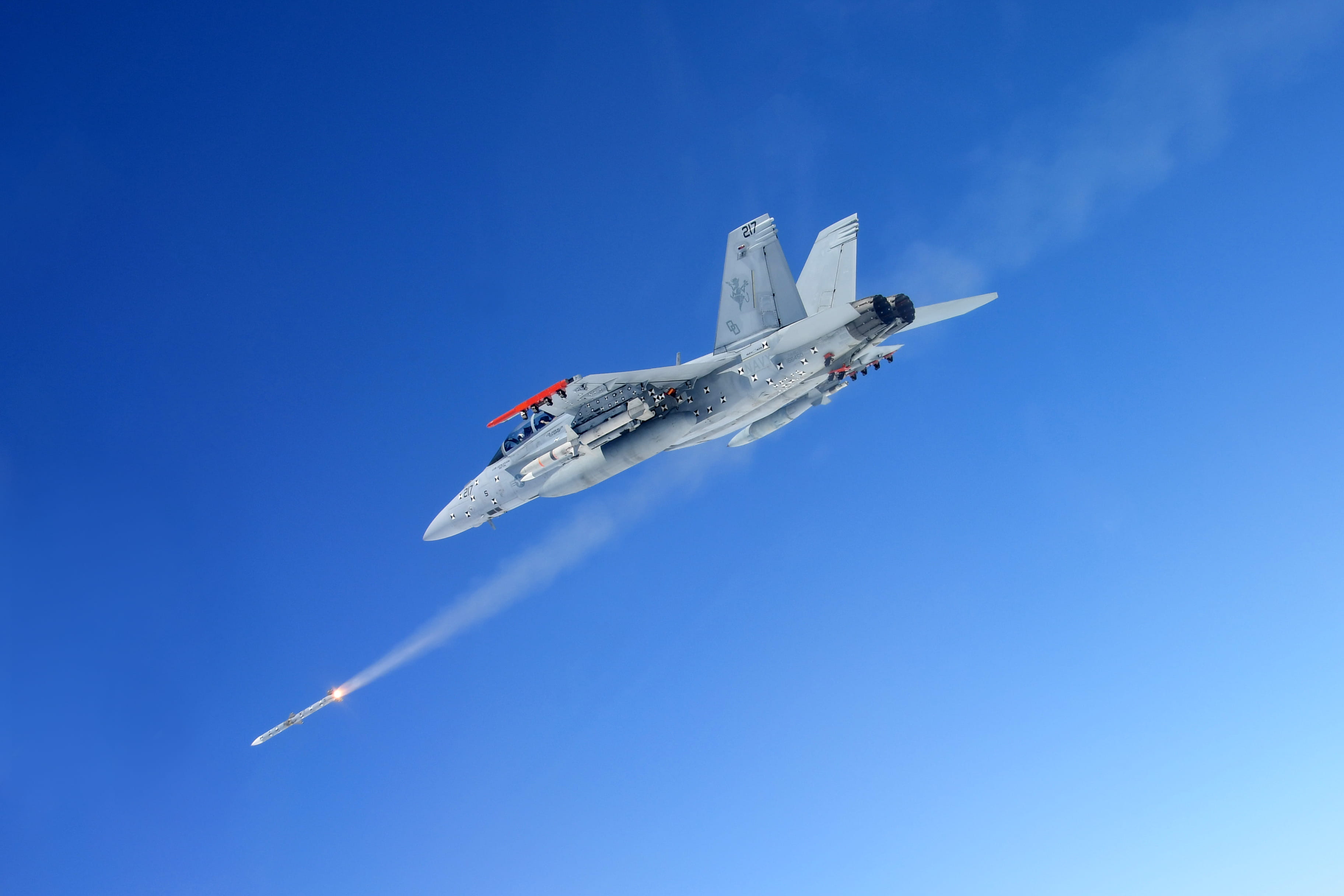 An AMRAAM F3R missile is launched from a F/A-18F Super Hornet over the Point Mugu Sea Range during a test. 