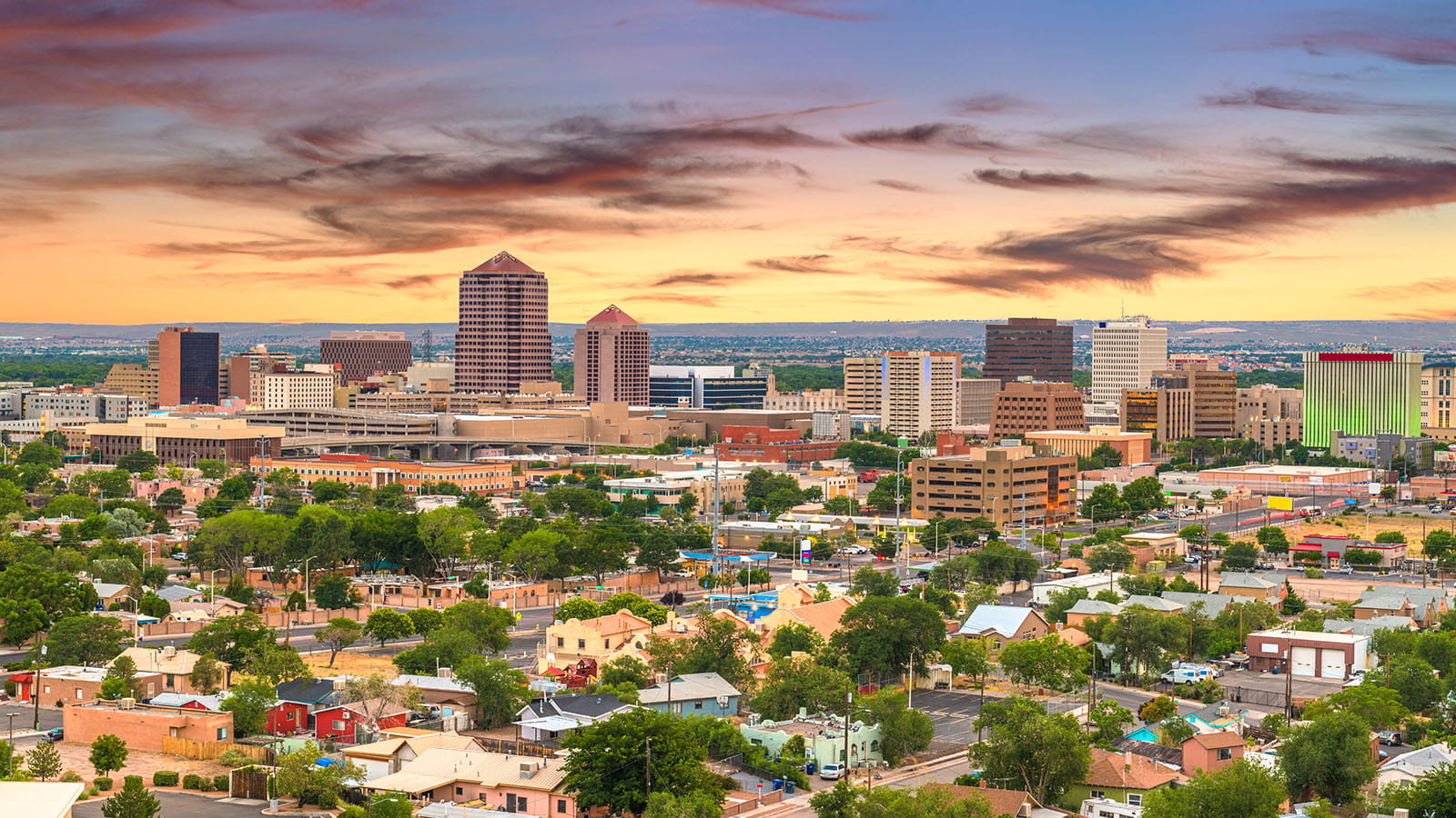 The sun sets on Albuquerque, the county seat of Bernalillo County
