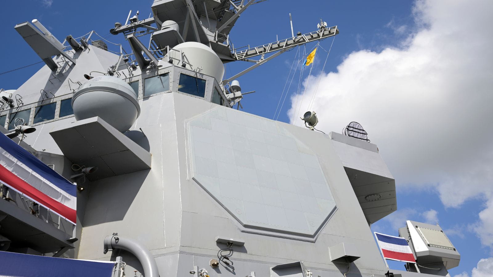 The USS Jack H. Lucas’ radar, the SPY-6 (V)1, has four array faces that provide nonstop 360-degree protection.