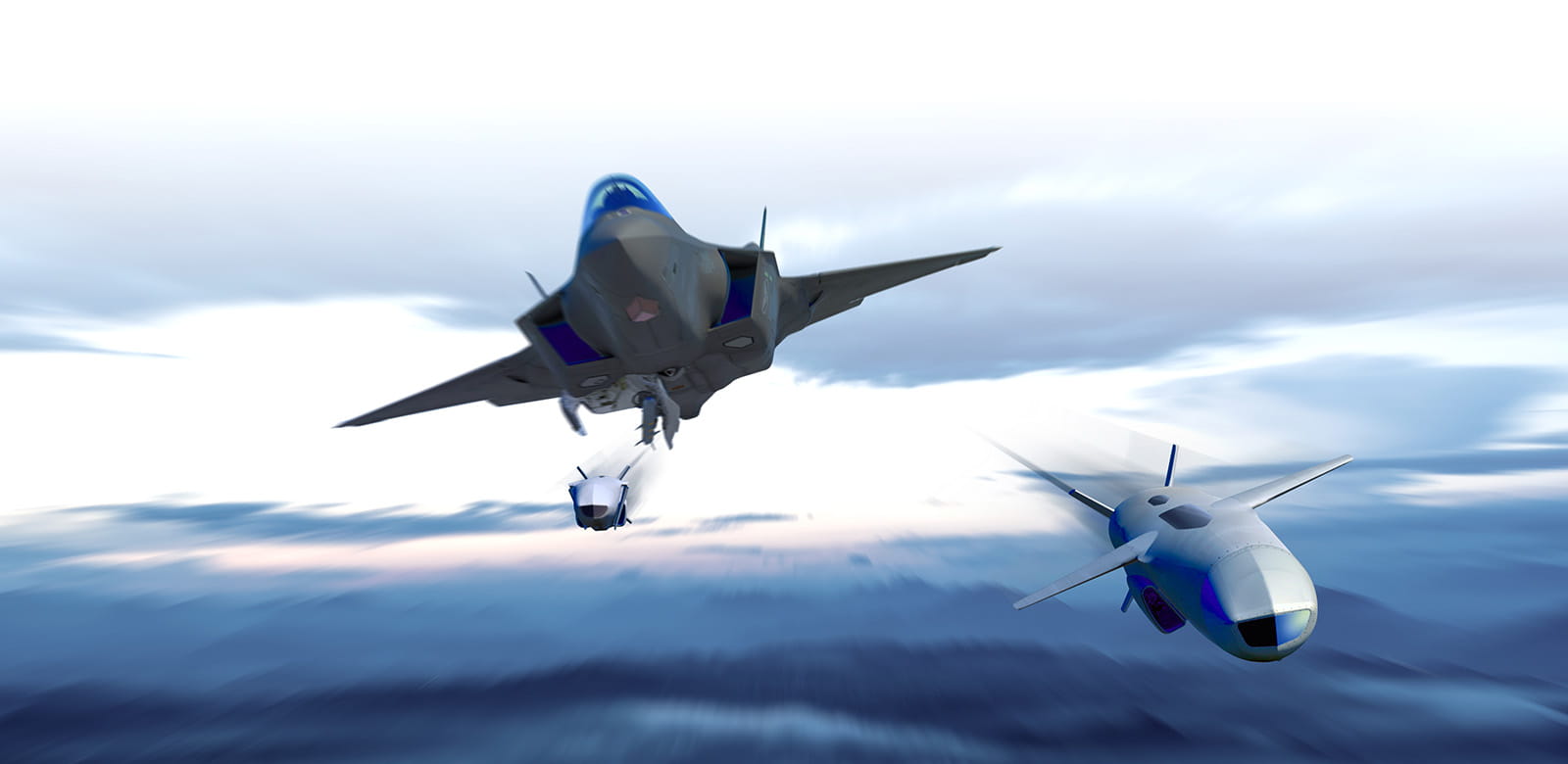 Two Joint Strike Missiles being launched from an F-35 aircraft