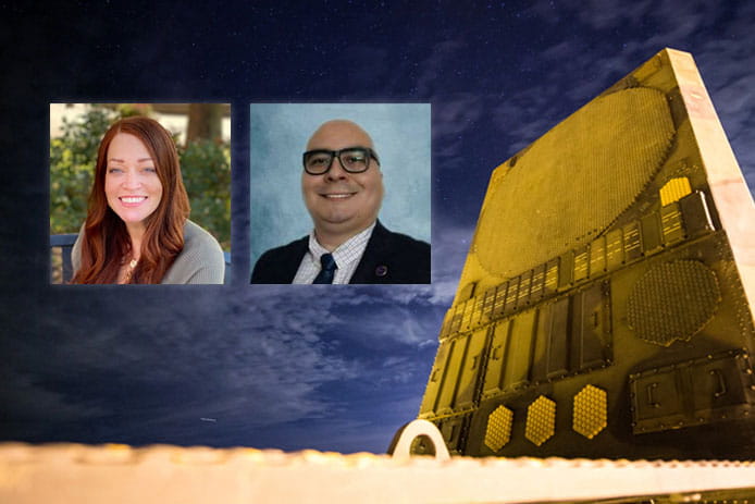 Images of the two 2020 Patriot scholars are superimposed on a photo of a Patriot radar.