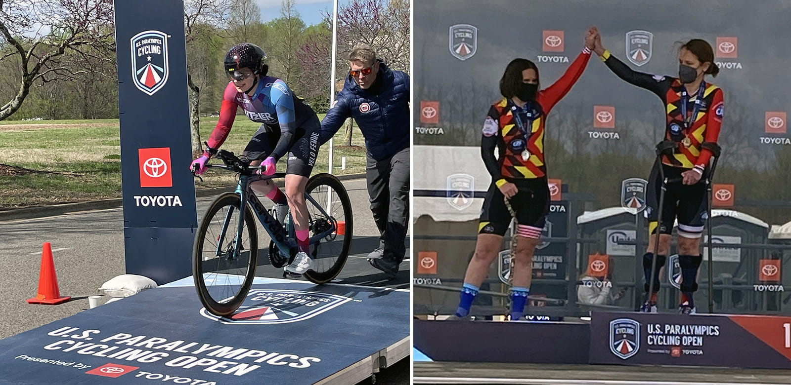Left: A cyclist at the start line. Right: Two athletes high-five on the podium.