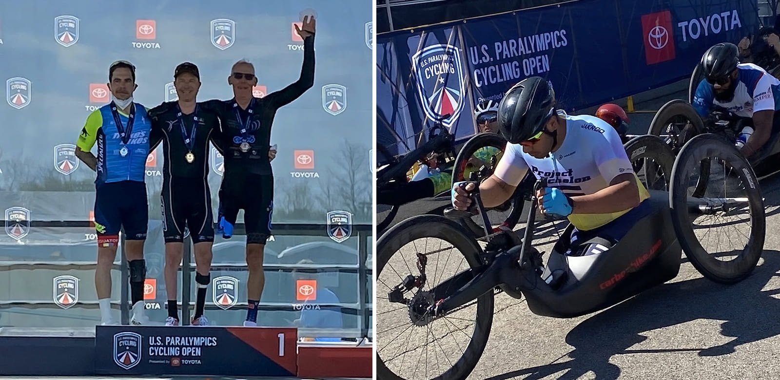 Left: the top three in the men’s cycling event stand together at the podium. Right: an athlete gets ready for the hand-cycle races.