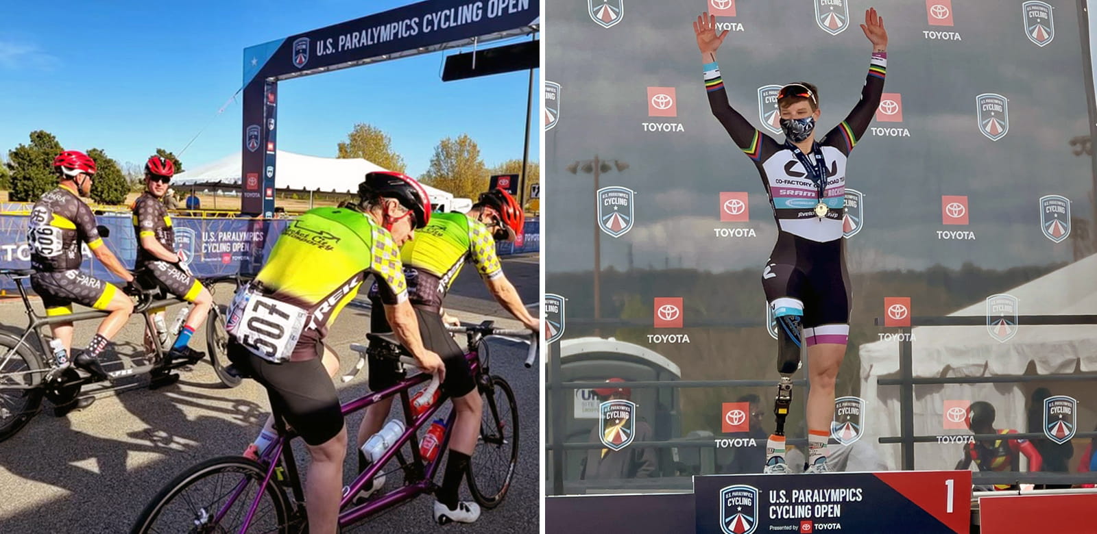 Left: Athletes at the start line of the tandem cycling race. Right: An athlete celebrates her victory on the podium.