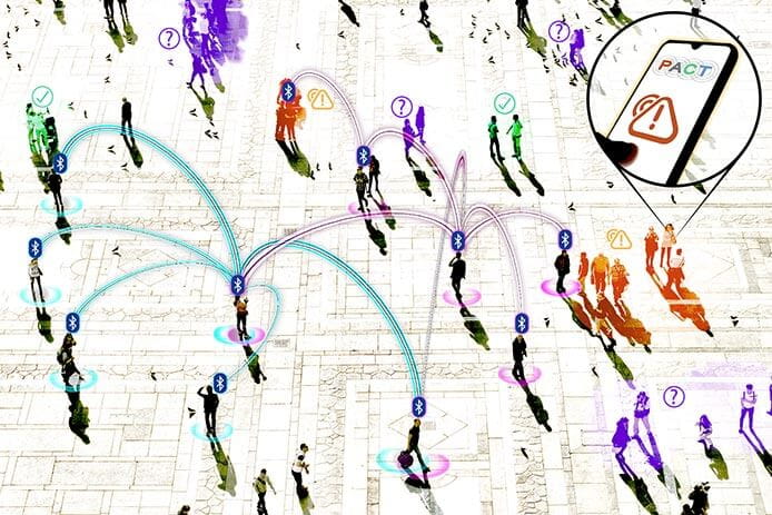 Illustration of people in a public place with their cellphones emitting Bluetooth chirps