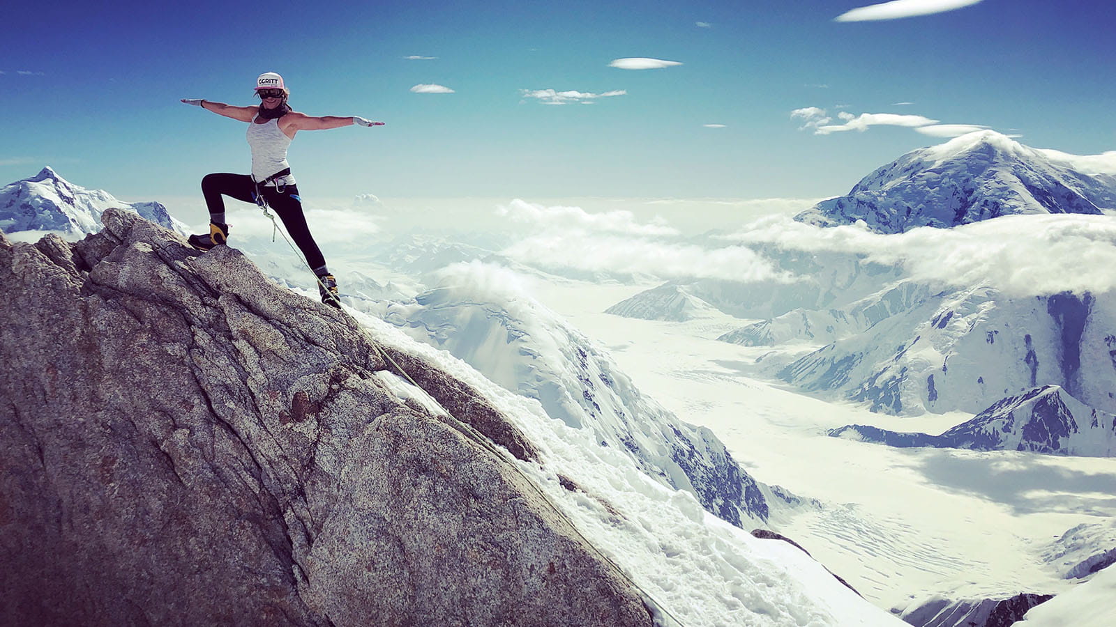 Buchanan strikes a yoga pose near Denali's 14,000-foot camp in Alaska in June 2019. The spot is appropriately called the “End of the World,” because it drops off thousands of feet below.