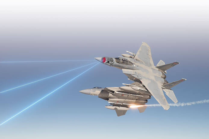 An artistic rendition of jets with radars, showing lasers to represent tracking.