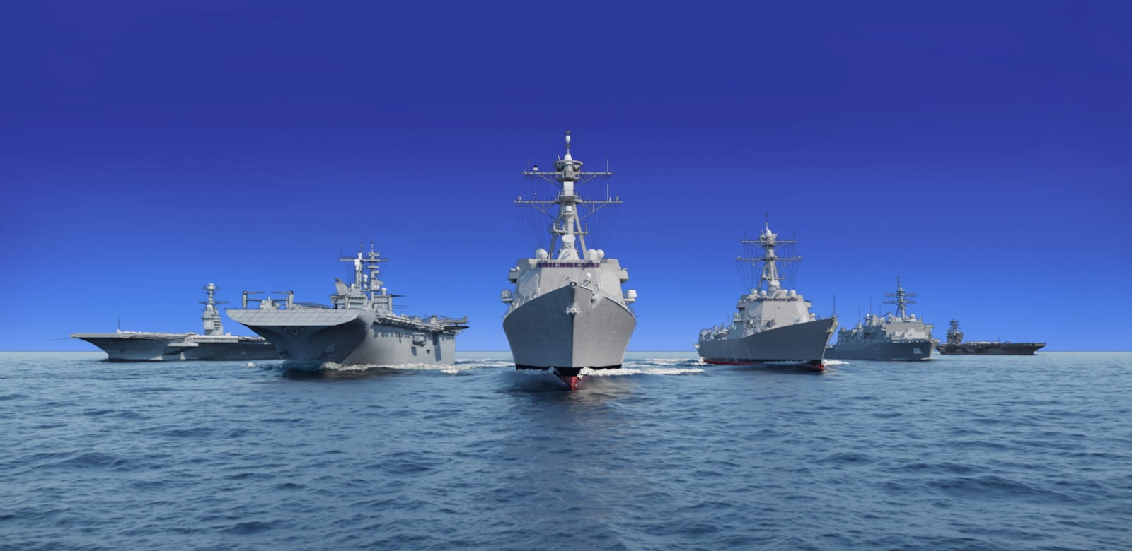 An artist's rendering of naval ships in formation at sea. 