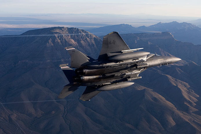 An F-15E carries a StormBreaker® smart weapon during a test exercise near White Sands Missile Range in New Mexico.