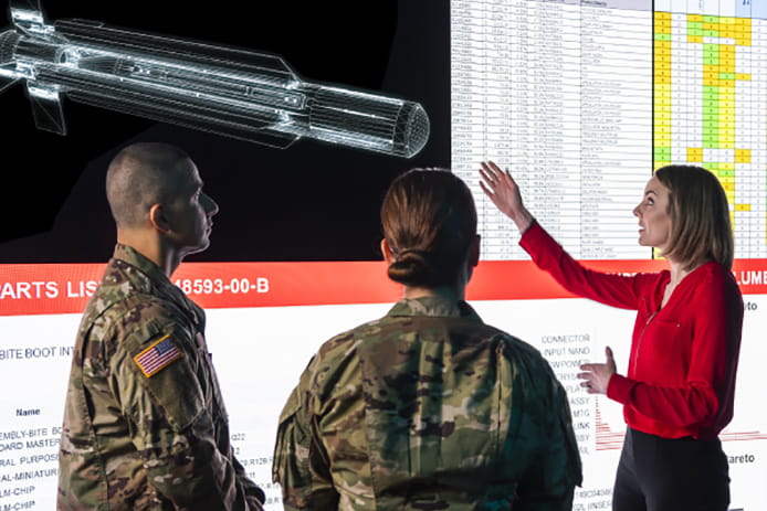 At its Immersive Design Center, the company partners with the U.S. military in the development of advanced technologies. Here, the screen shows the Coyote counter-UAS solution in a virtual 3-D environment.